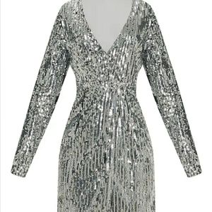 Silver Sequins Plunge Wrap Bodycon Dress